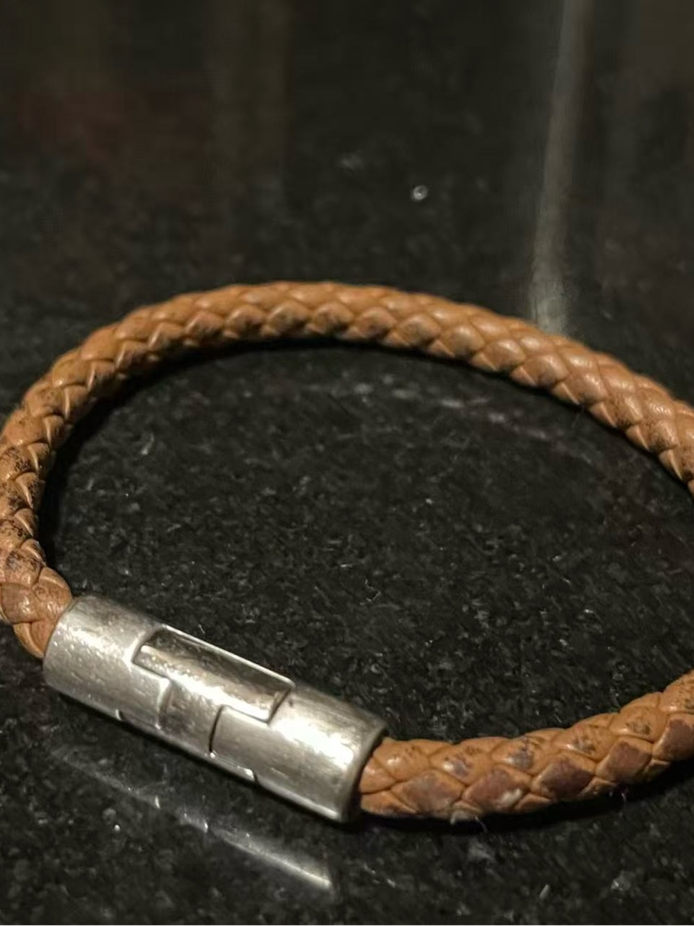 Hermes Tan Braided Leather Bracelet with Silver Clasp